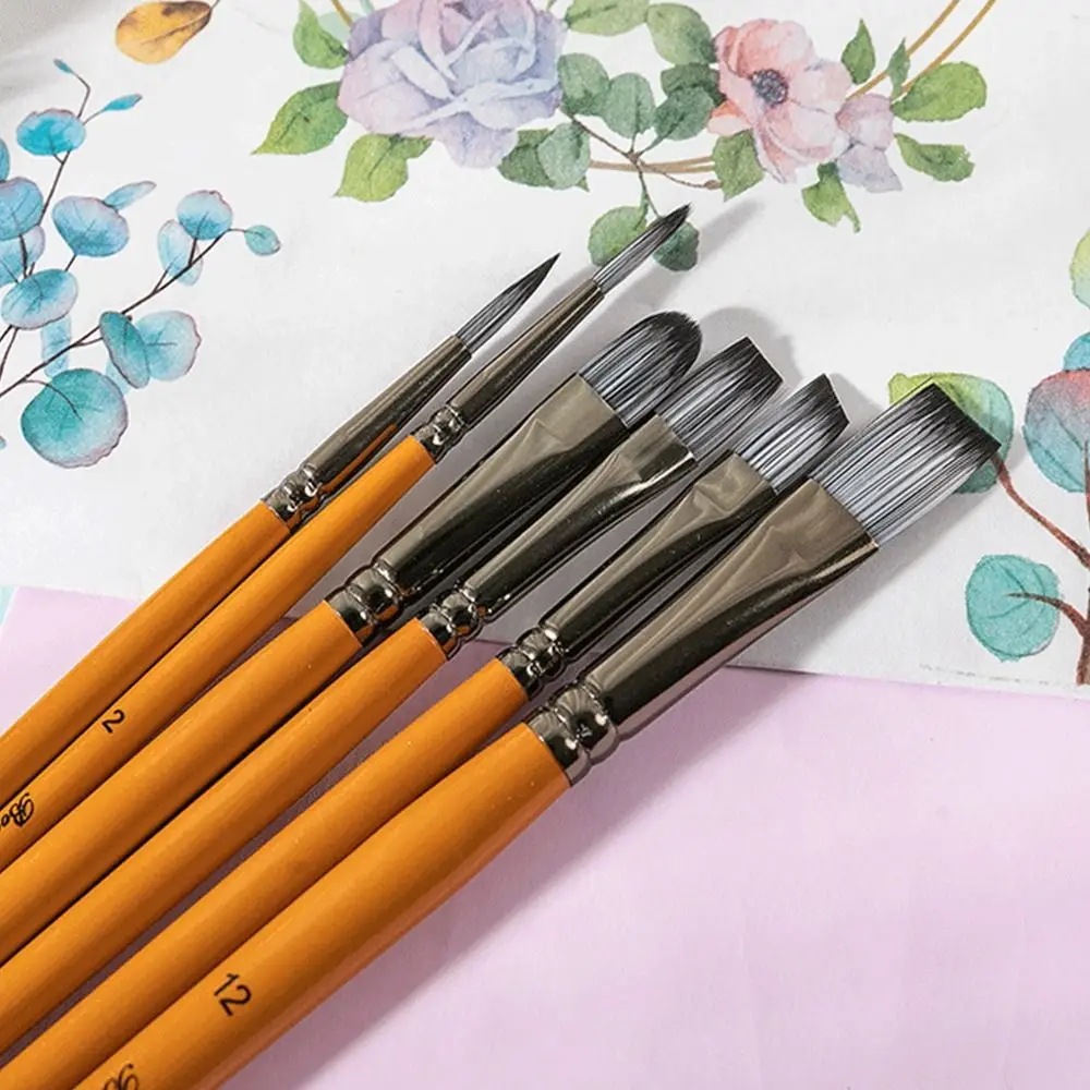 

6pcs Wooden Handle Painting Brushes Kits Spike Head Round Head Drawing Tool Synthetic Nylon Hair Stationery Art Supplies Artist