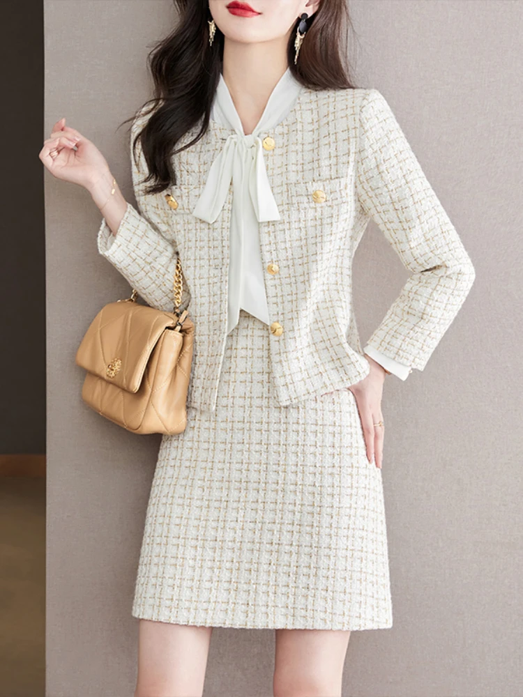 

UNXX 2024 Spring Autumn Ladies Plaid Tweed Woolen Two Piece Outfits Vintage Fashion Jacket Coat + Elegant Mini Skirt Suits Women