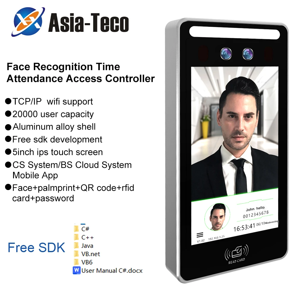 WIFI Biometric Face Recognition Reader Attendance Machine QRCode Access Control Palm Print Could /USB Download Data