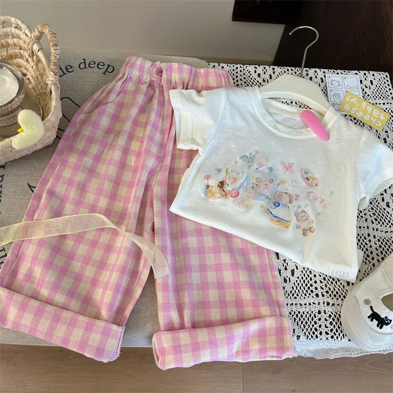 

2pcs Girls Summer Cartoon T-shirt+Pink Plaid Print Pants Kids Casual Pullover Outfits Tees Soft Versatile Daliy Clothing 2-8Y