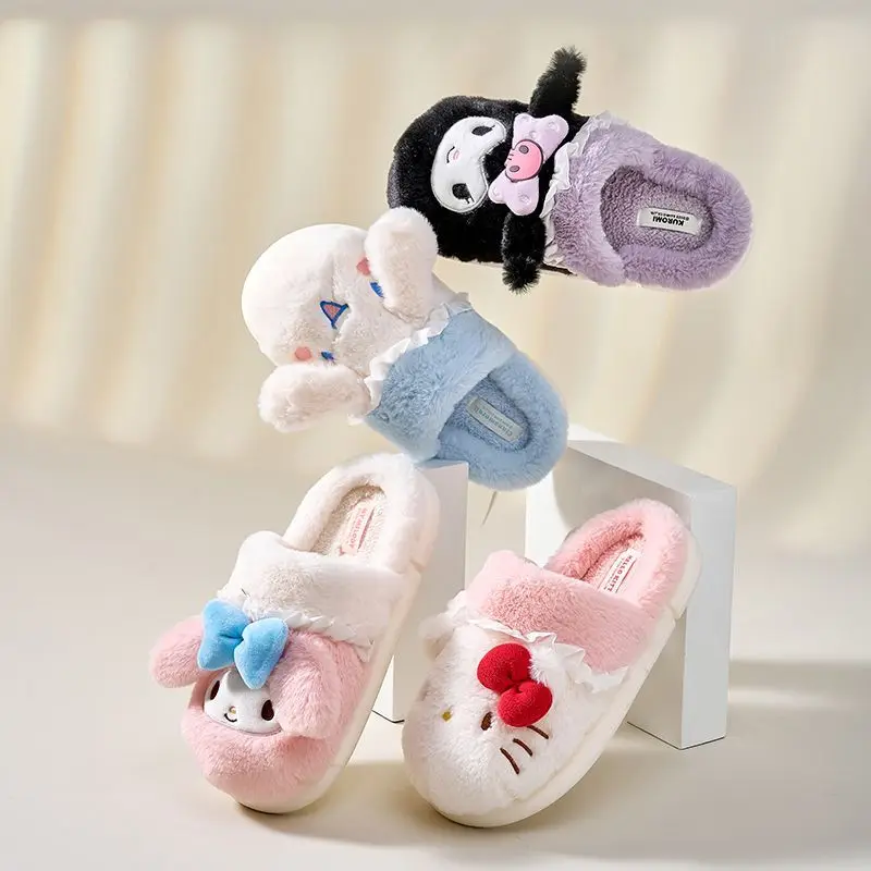 

New Kawaii Sanrio Plush Cotton Slippers Hello Kittys Accessories Cute Beauty Cartoon Anime Winter Warm Home Toys for Girls Gift
