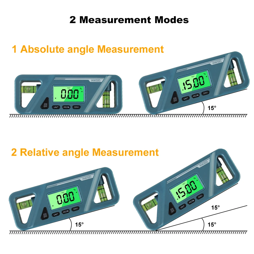 HW300 Magnetic Inclinometer Digital Backlight Protractor Horizontal Angle Measuring Instrument Level Box LCD Display