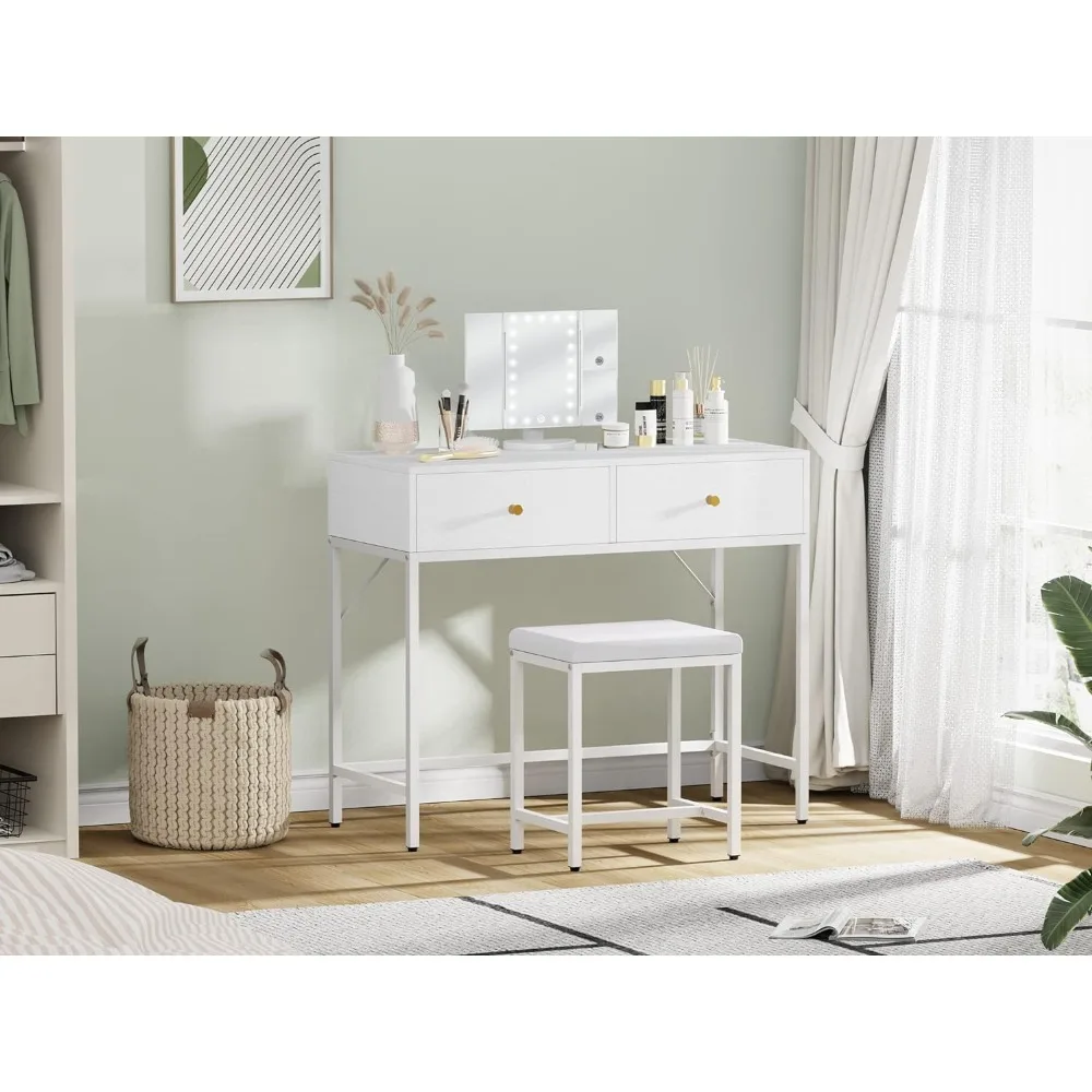 

White Desk With Drawers Vanity Mirror With Lights 35.4-inch Lighted Dressing Table Bedroom Vanitys for Makeup Dressers Dresser