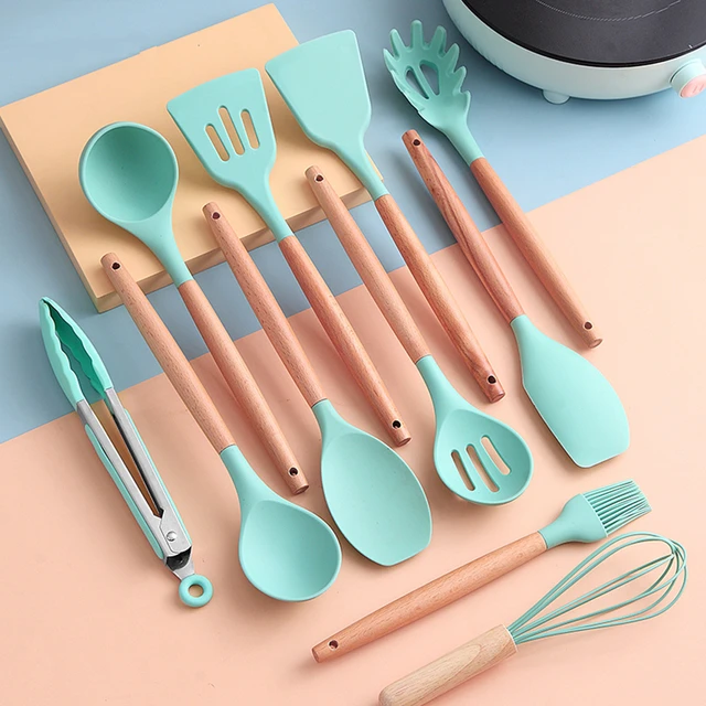 12Pcs Green Silicone Utensils with Wooden Handles Wholesale