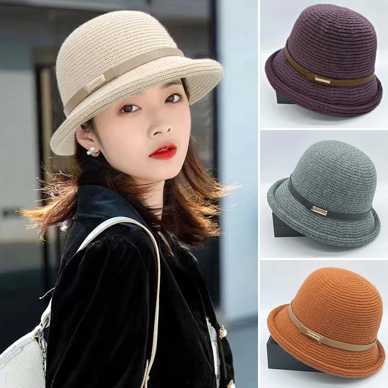 

Korean Curling Wool Fisherman Hat Solid Color Crochet Knitted Bucket Hat Outdoor Windproof Cycling Cap Leather Buckle Decoration