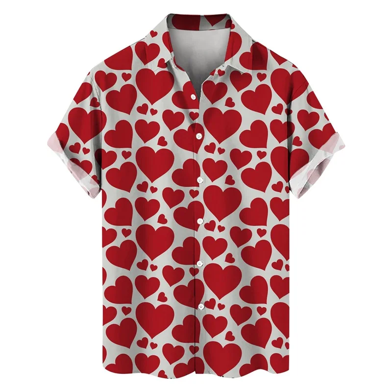thumbnail image 1 of Camisetas de manga corta para hombre, con estampado 3D de amor, gráfico, camisas de botones para el día de San Valentín, blusa informal de verano para playa para hombre, 1 of 5