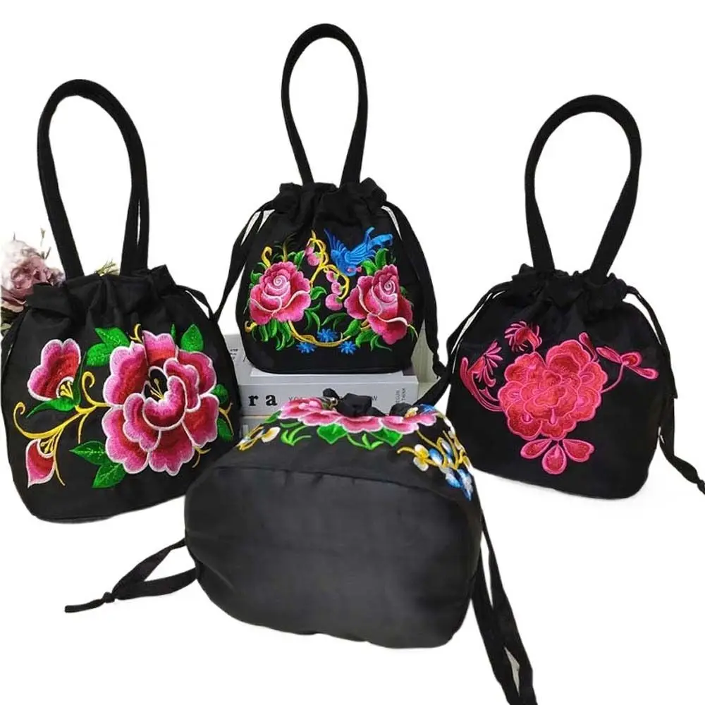 Rose Flower Hanfu Drawstrings Bag Ethnic Style Mommy Bag Embroidery Flower Handbag Shopping Bag Small Wallet