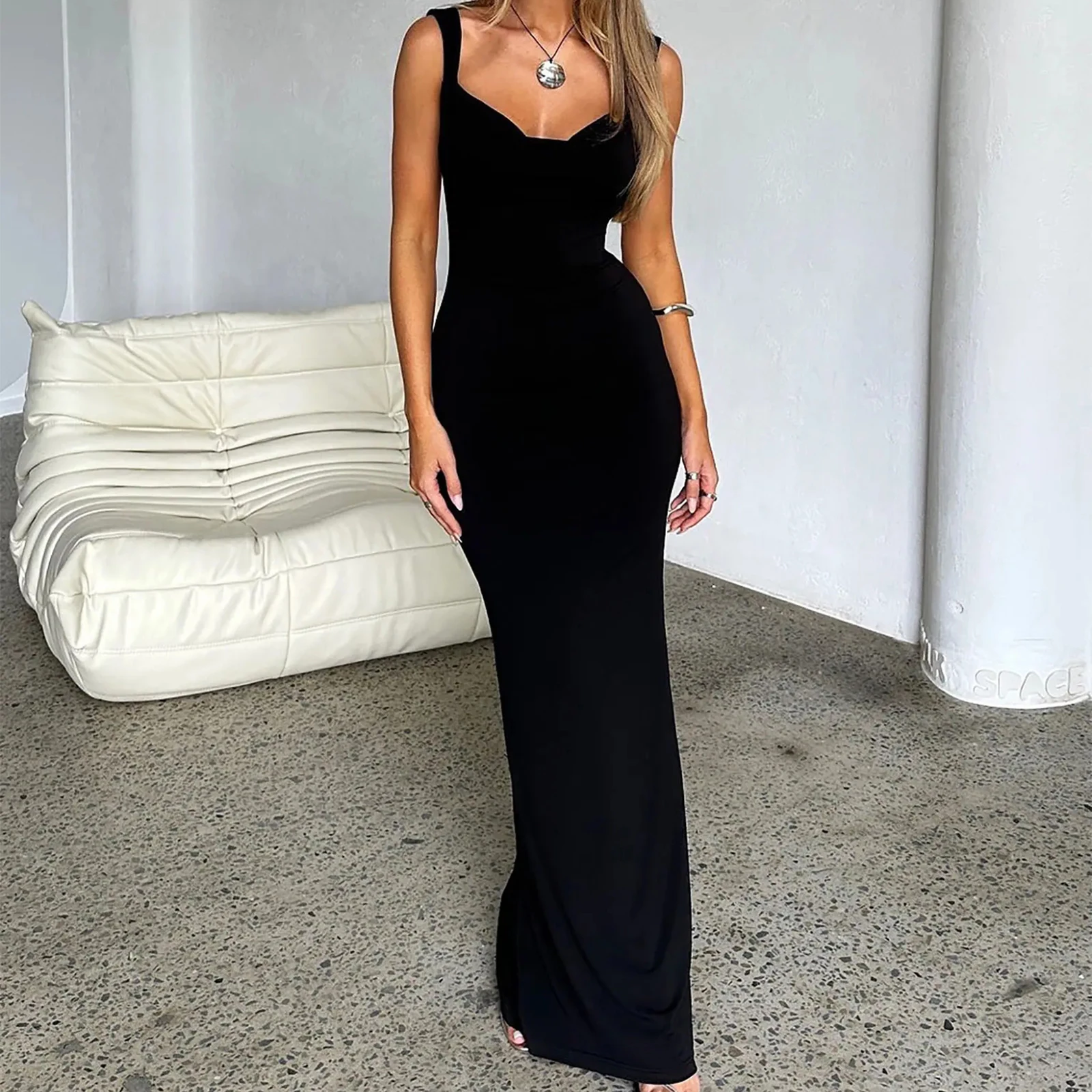 

Fashion Women's Satin Bow Long Dress Sleeveless Backless Solid Color Cocktail Dress Formal Gown Streetwear