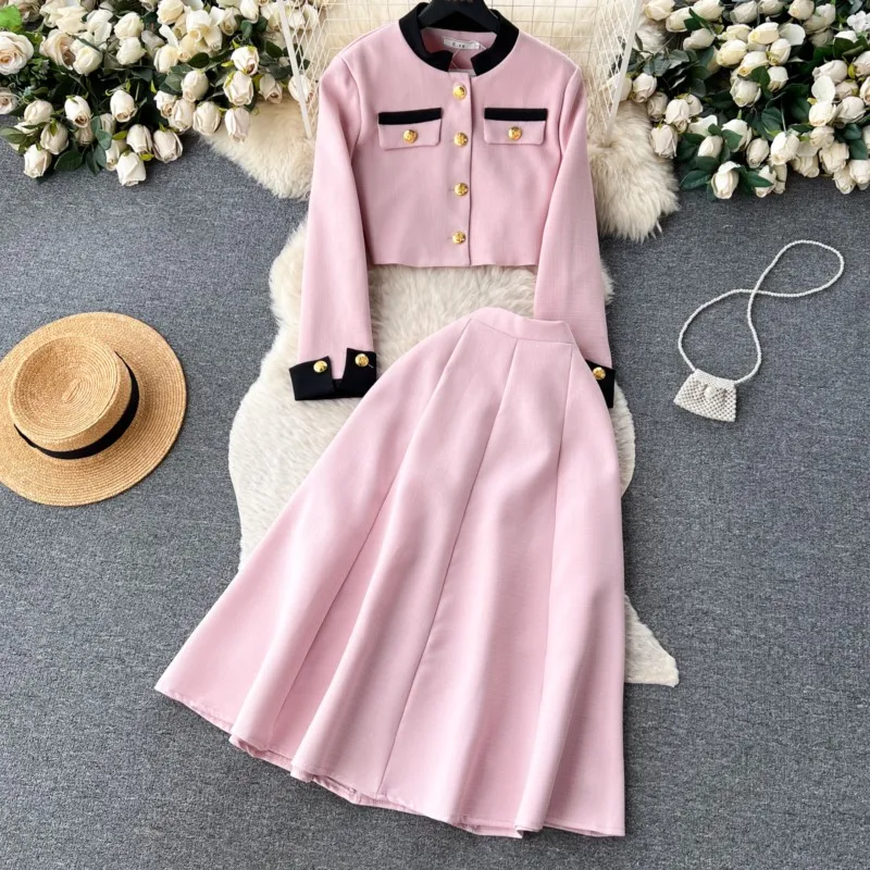 

Fashion New Elegant Solid Women Skirts Suit Vintage Crop Blazer Jackets A-Line Skirt Two Pieces Set Female Chic Party Outfits