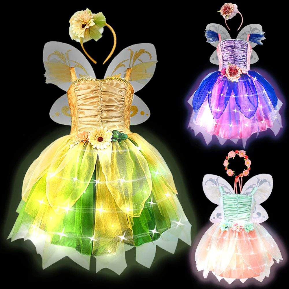 2024 Birthday Party Tinker Bell Costume Fancy Fairy Girls LED Light Luminous Princess Dress Flower Elf Tutu Dress Butterfly Wing