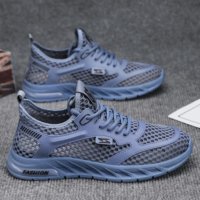 Men Lace Up Sneakers Mesh Hollow Round Toe Wading Vulcanised Shoes Breathable Thick Sole Comfort Trainers Chaussure Homme