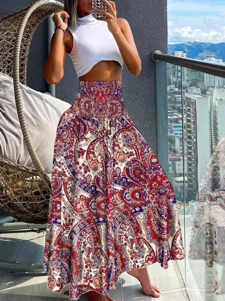 

Summer Fashion Boho Holiday Beach Skirt 2024 For Women Casual High Waist Printed Women's Skirt New Elegant Long Skirts