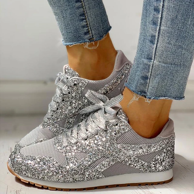 Women's Casual Breathable Crystal Bling Lace Up Sport Shoes Sneakers  Glitter Tennis Sneakers Comfy Sparkly Rhinestone Bling Running Shoes Shiny  Sequin