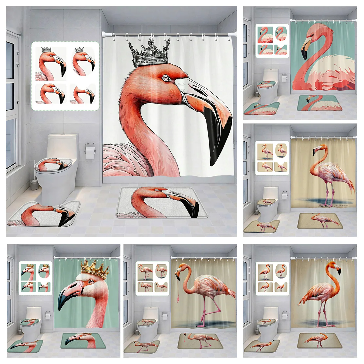 Home shower curtains bathroom Decora waterproof fabric non-slip bath mat water absorption curtain Modern aminal flamingos 6
