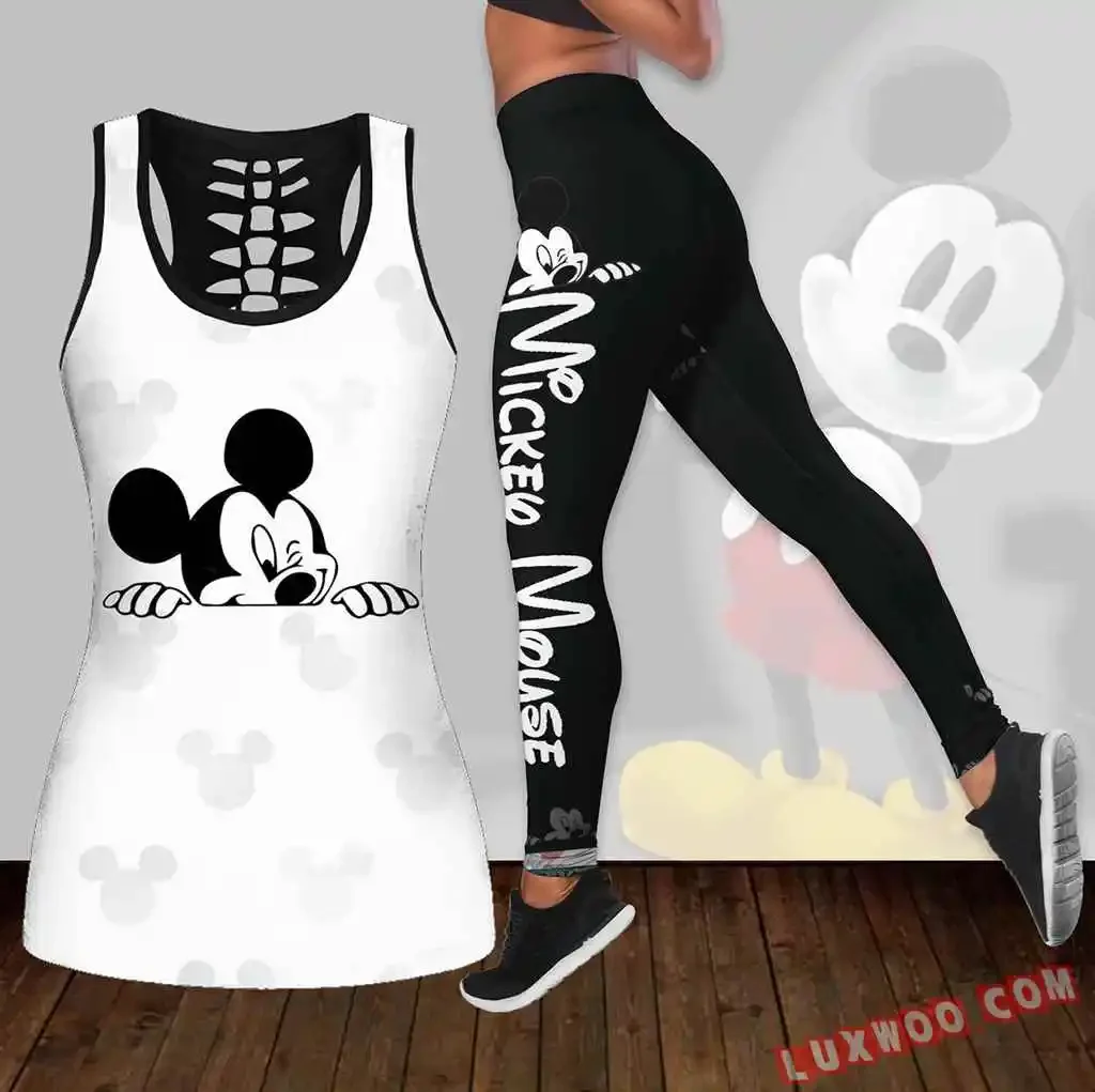 Mickey Mouse Women's Hollow Vest + Women's Leggings Yoga Suit Fitness  Leggings Sports Suit Disney Tank