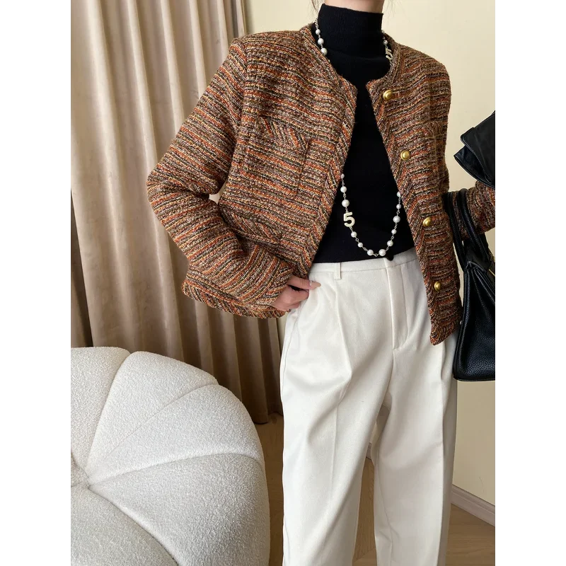 Women Vintage Brown Tweed Jacket Small Fragrance Long Sleeve Stripes Cotton Lining Elegant Basic Fashion Jacket Autumn Winter