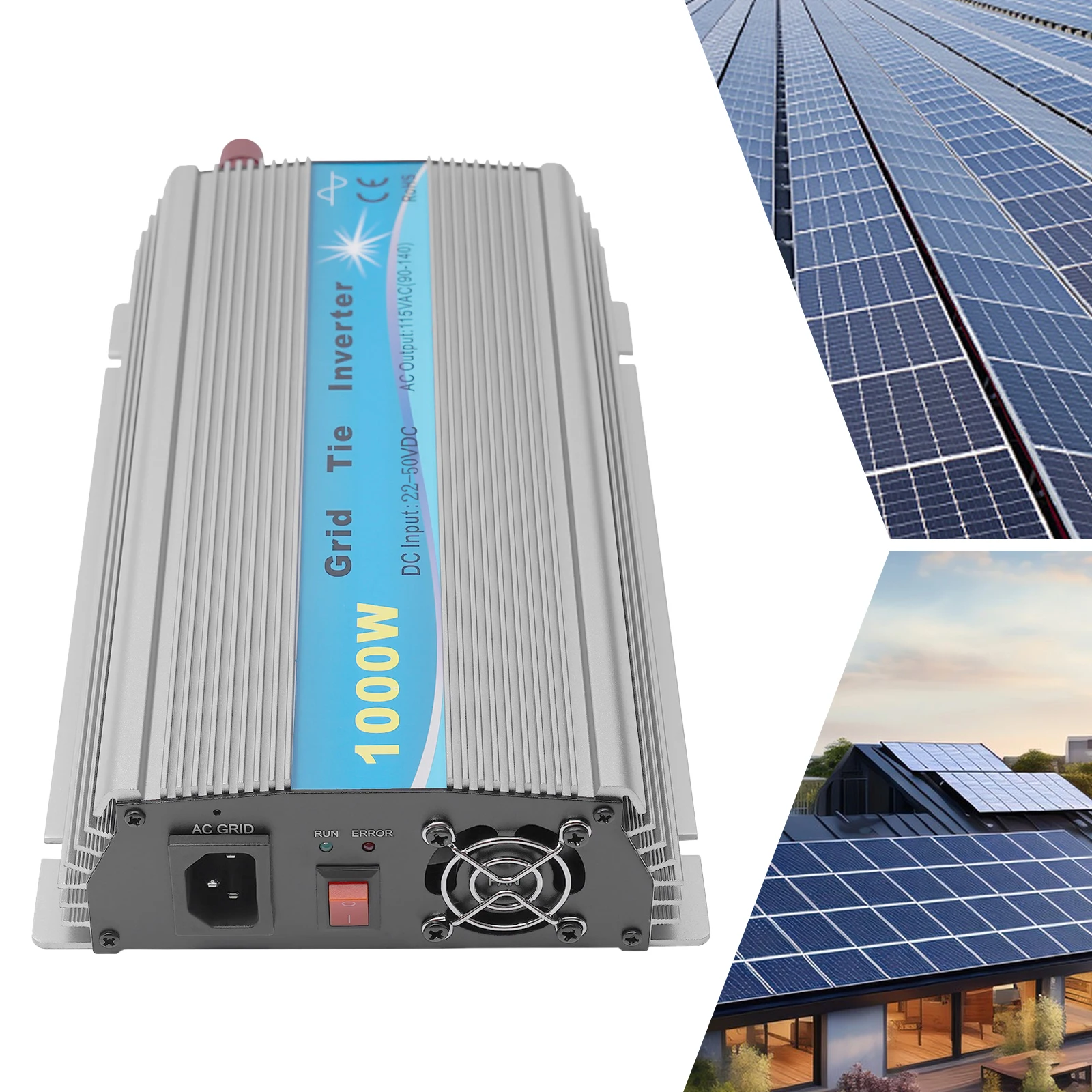 1000W Grid Tie Inverter MPPT Pure Sine Wave 22-50VDC Solar Input AC90-140V Output for 36V Solar Panel