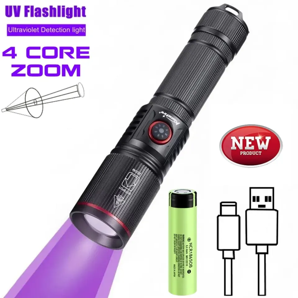 High Power UV LED Flashlight 365/395nm Black Light Zoomable Torch Invisible Ink Marker Cat Dog Urine Tinea Ore Money Scorpion