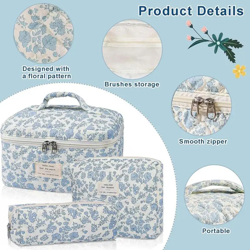 Floral Makeup Bag for Women 3X Cotton Quilted Cosmetic Tote Travel Toiletry Storage Pouch Handbag Flower Cotton Zipper Bags