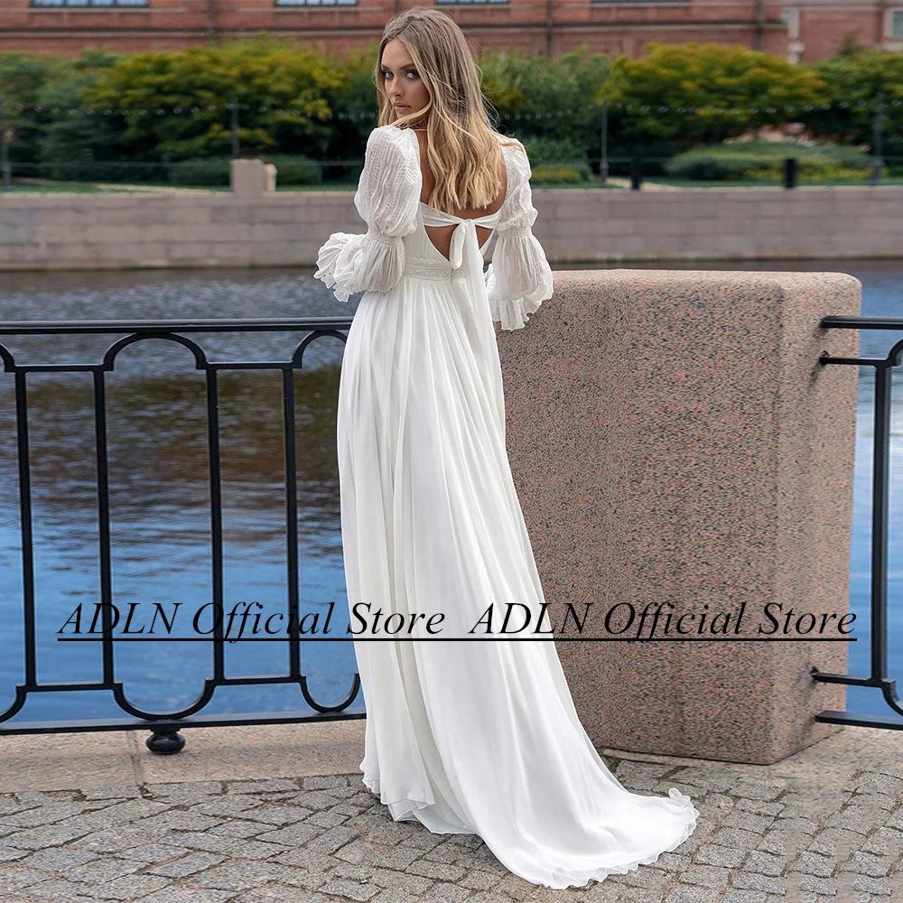 ADLN High Quality Beach Wedding Dresses Square Neck Puff Slevees Beading Pearl Sweep Train Chiffon Boho Bridal Gown Robe Mariage 6