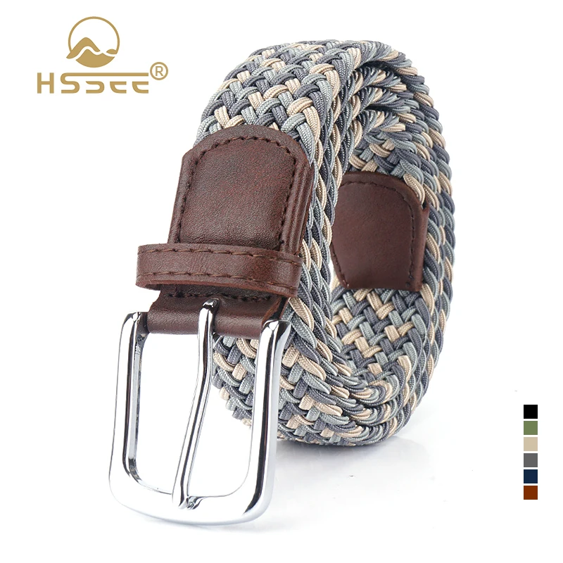 

HSSEE Fashion Woven Elastic Belt for Men and Women Silver Metal Buckle Female Casual Belt 3.4cm Thick Nylon Jeans Waistband Male