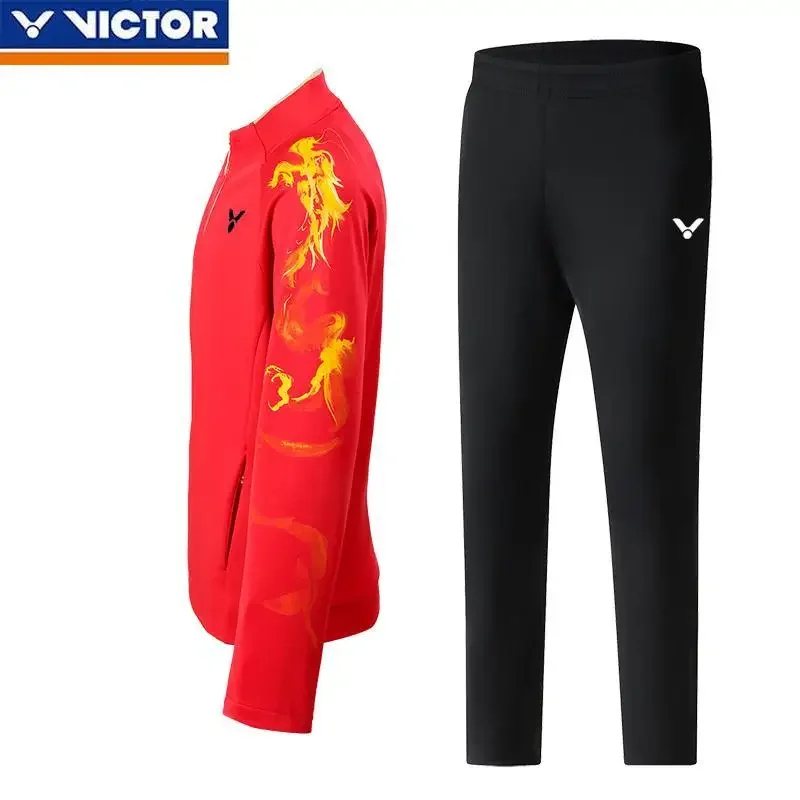 Victor New Men's and Women's Same Badminton Jersey, Comfortable and Versatile Long-sleeved Jacket with Trousers Suit