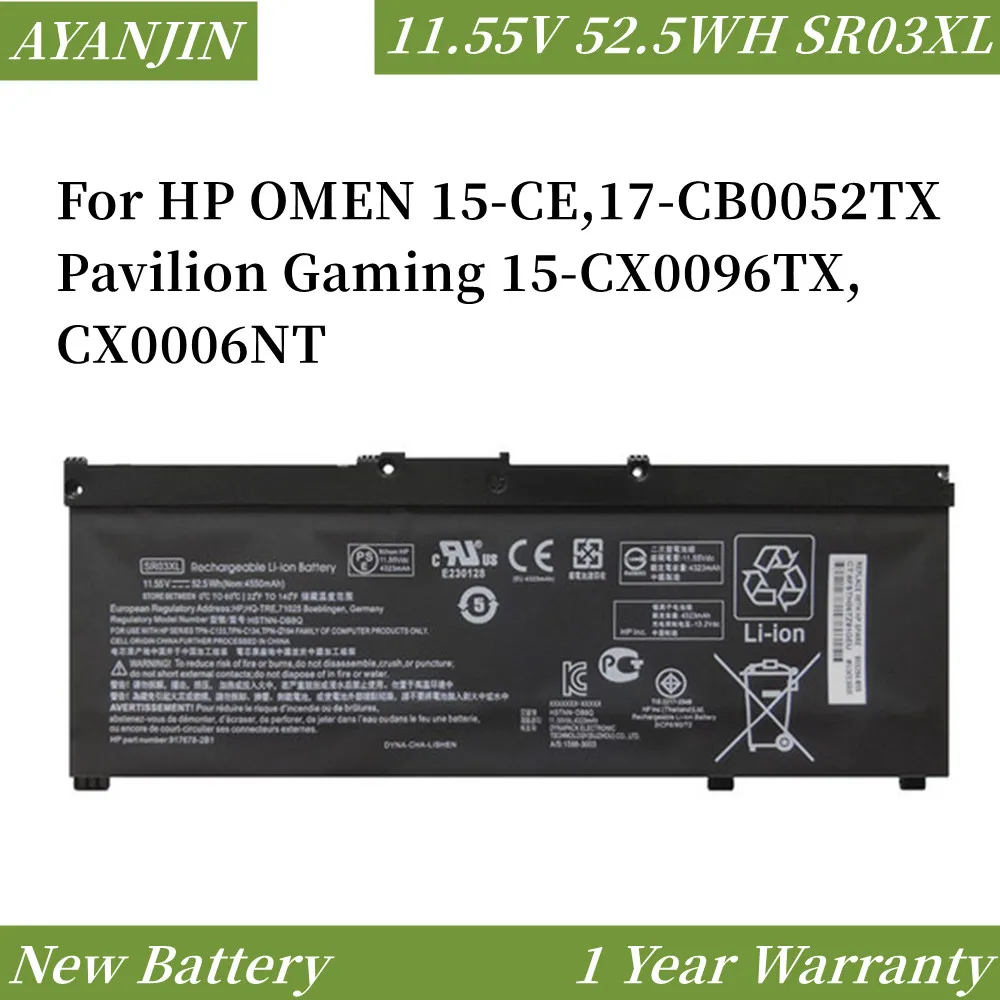 Batteria Per Laptop 11.55V 52.5Wh Sr03Xl L08934-2B1 L08855-855 Per Hp Omen 15-Ce, Muslimion Gaming 15-Cx0096Tx,Cx0006Nt