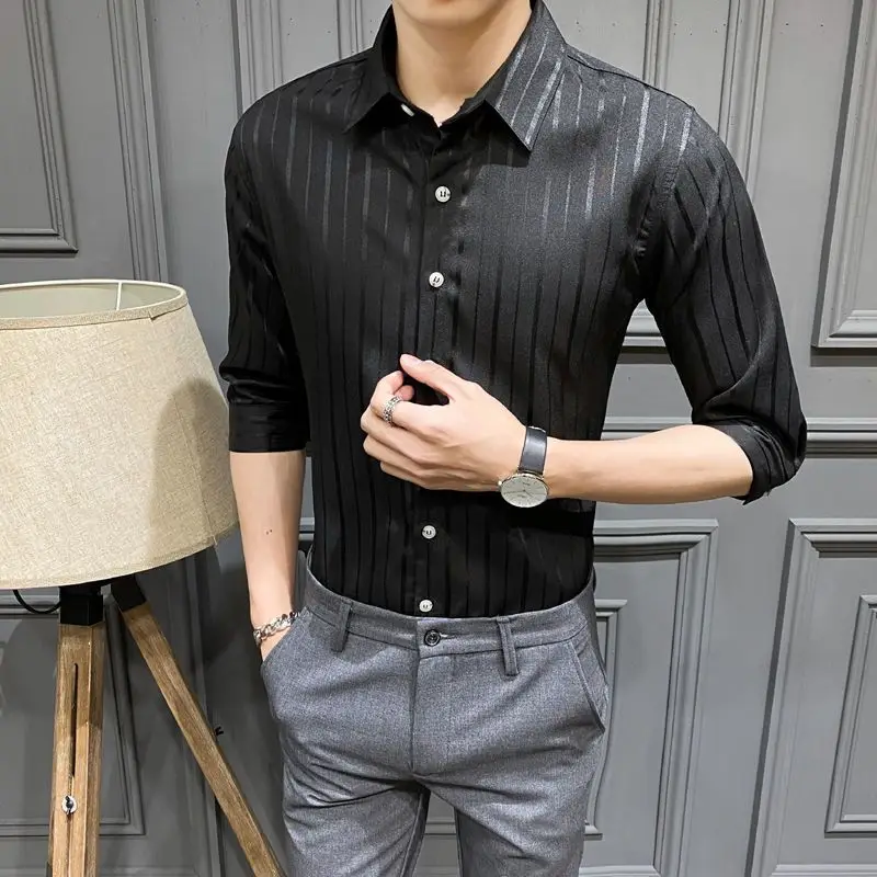 Loose Solid Formal Button Striped Turn-down Collar Long Sleeve Shirts Temperament Fashion Casual Spring Summer Men's Clothing