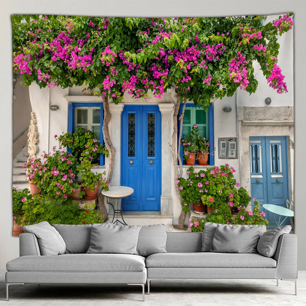 Greece Town Hippie Tapestry Spring Flower Street Tapestry Home Courtyard Patio Wall Hanging Art Living Room Mural