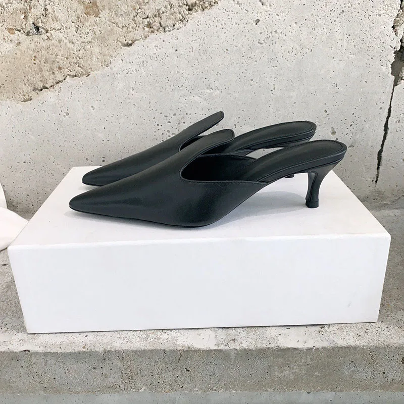 French Pointed Toe Slim Heel Cat Heel Muller Shoes Women's 2023 Summer New Genuine Leather Baotou Half Slippers Women's Shoes