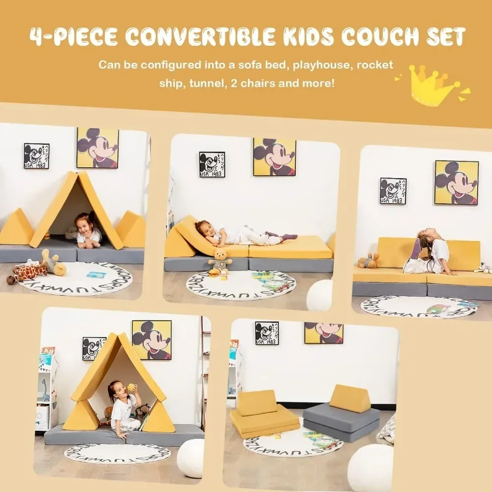 Convertible Kids Couch, 6-Piece Modular Sofa Playset or 2 Chair for Boy Girl w/Folding Mats & 2 Triangular Pillows 4