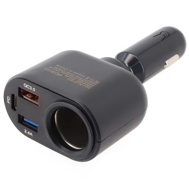 Socket Splitter Car Charger 2.4A 3-USB Port 360 ° ABS Accessory Auto Parts Black Blue LED DC 5V Fast Charging PD