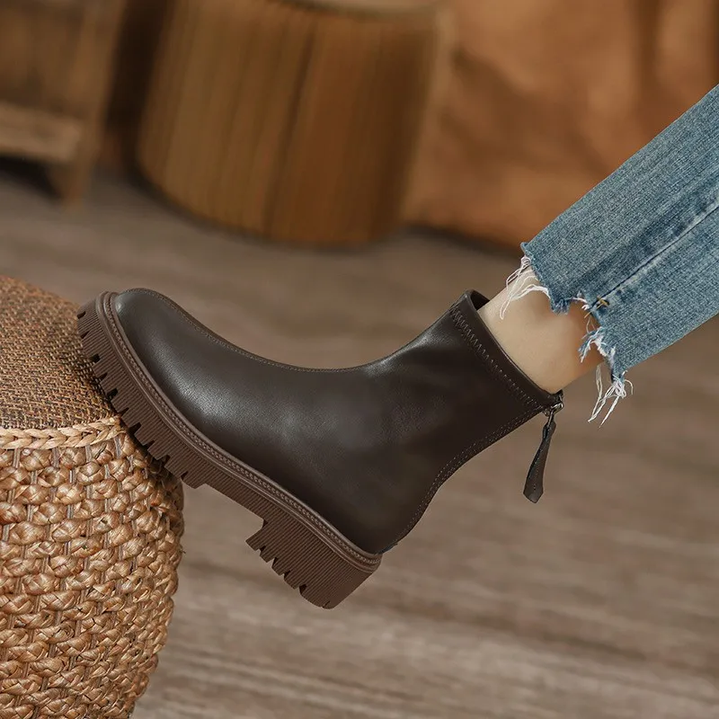 

2023 Autumn Women's Ankle Boots Fashion Back Zippers Short Botas Ladies Elegant Square Med Heels Winter Women's Footwear