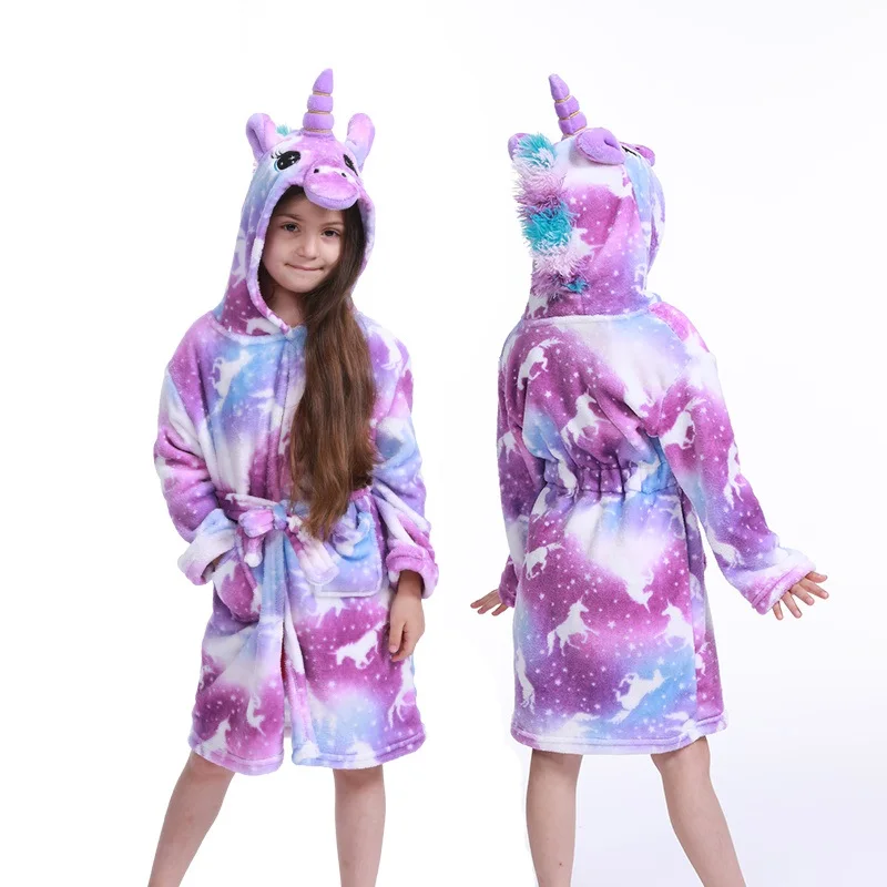 Kids Flannel Robes Unicorn Boys Girls Star Unicorn Animal Cartoon Hooded Long Sleeve Winter Bathrobe Sleepwear Pajamas