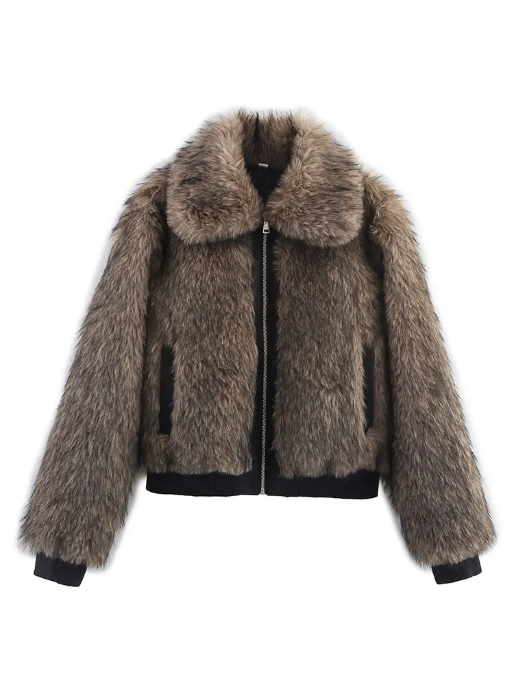 HH Women Fashion Solid Faux Fur Overcoats Jackets Lapel Long Sleeve Zipper Coat With Pockets Woman Winter Thick Warm Outerwear