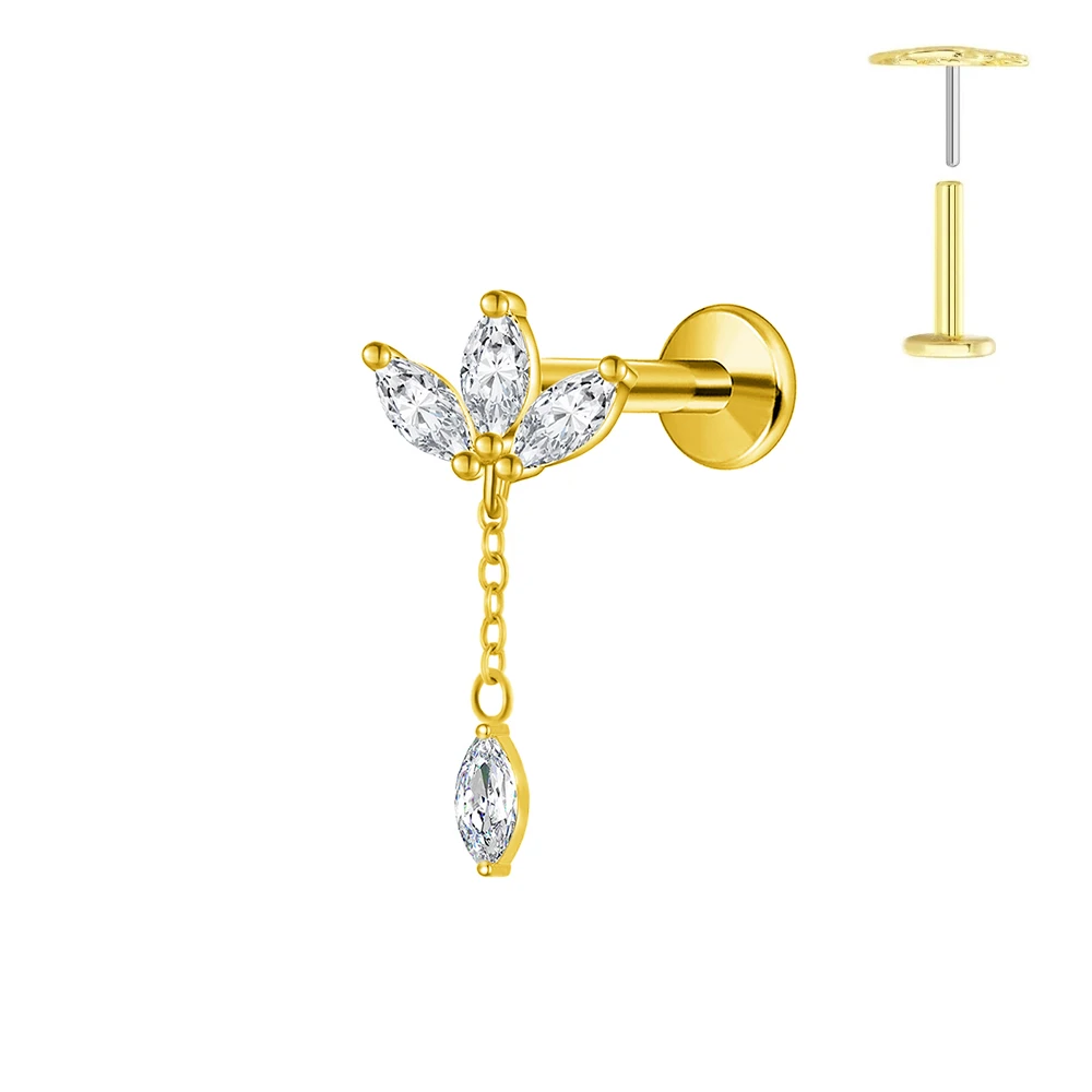 ASTM F136 G23 Titanium Horse Eye Zircon Crown Tassel Puncture Flat Earring Cartilage Chain Push in Labret Stud Piercing 3