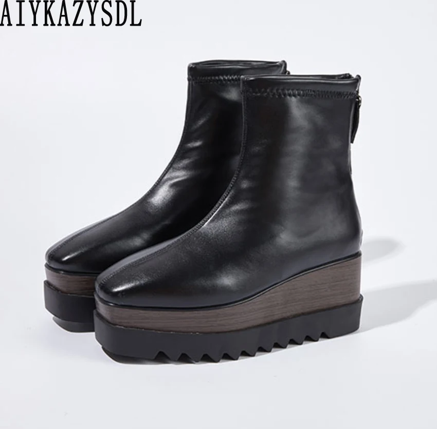 

AIYKAZYSDL 2022 Winter Ankle Boots Flat Platform Wedge Heel Shoes Thick Sole Bottom Creepers High Top Chelsea Bootie Shoes Women