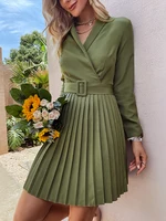 Elegant v-neck pleated midi dress women green long sleeve belt blazer dresses Casuals