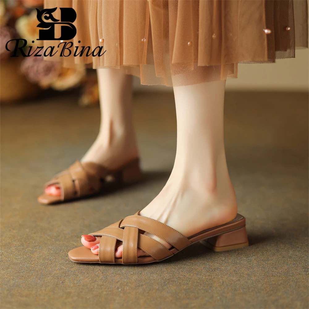

RIZABINA Women Fashion Sandals Real Leather Sexy Pointed Toe Thick Heel Summer Shoes Female Weave Design Outdoor Slip On Slipper