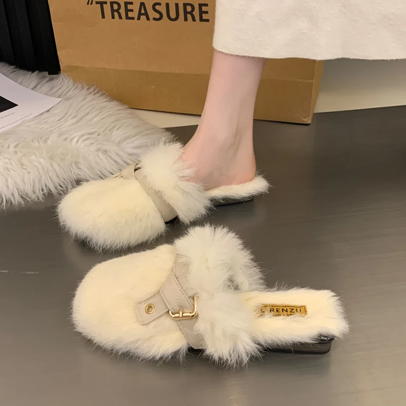 

Сланцы женские на платформе, меховые Шлепанцы из флока, на среднем каблуке, плюшевые, базовая резиновая обувь, зимние тапочки, 2023