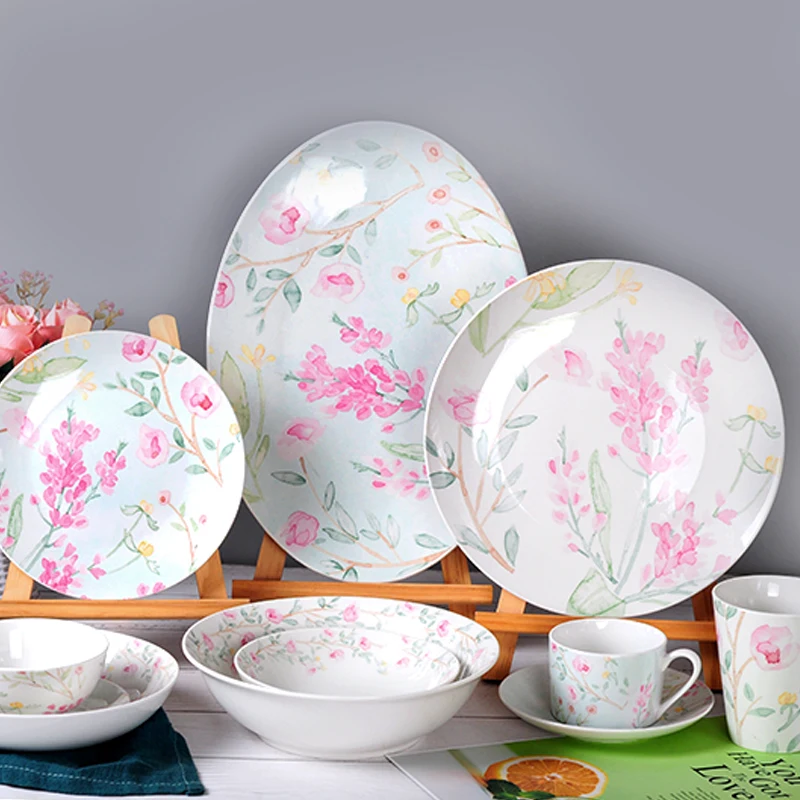 

European-Style Ceramic Tableware Household Creative Fresh Pink Flower Small Bowl Coffee Set Mug Plate