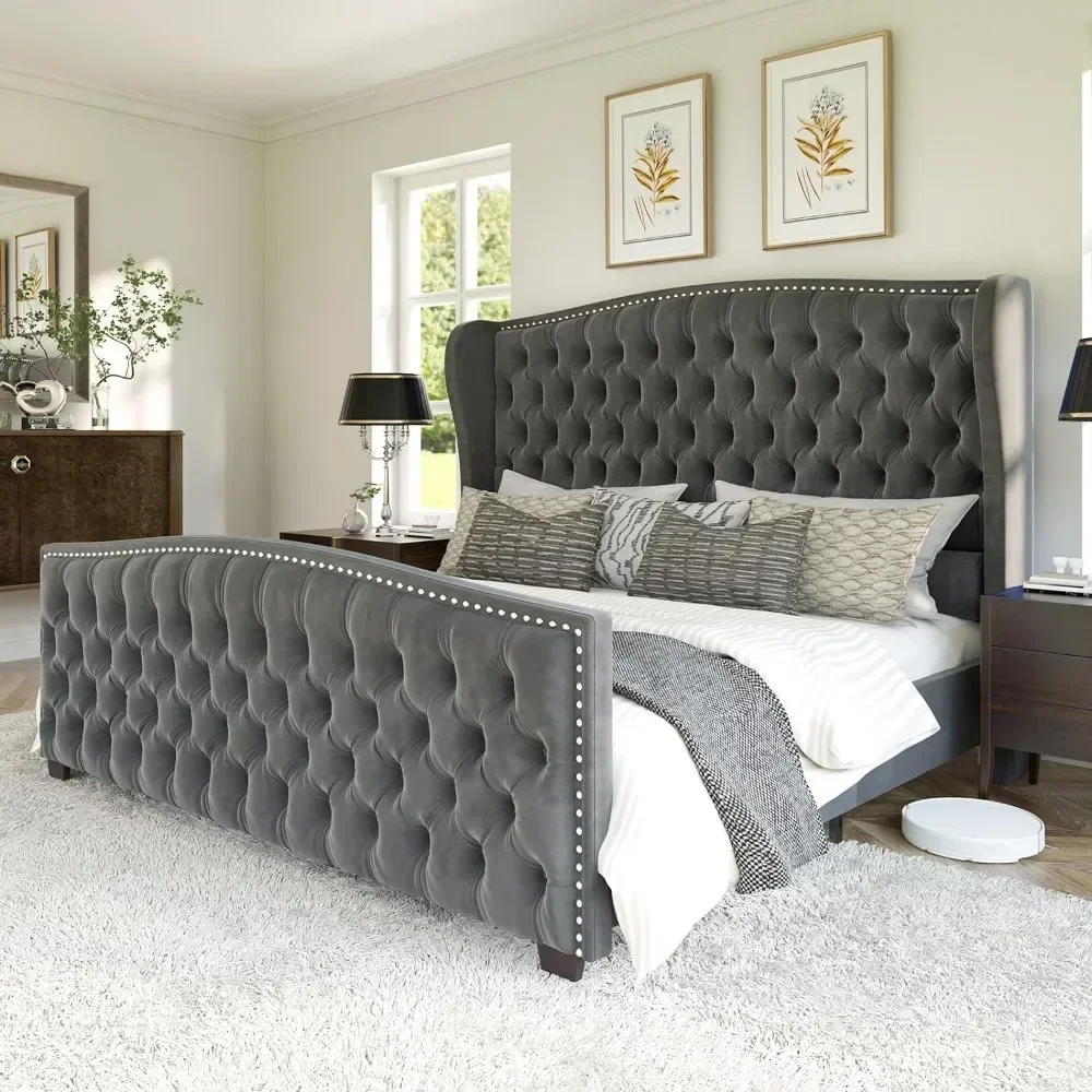 

Bed Frame, Velvet Upholstered Beds with Deep Button Tufted & Nailhead Trim Wingback Headboard Bed Frame, No Box Spring Needed