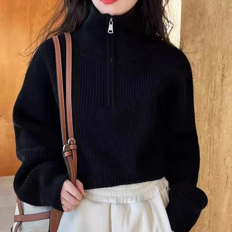 New Fashion Semi-turtleneck Zipper Red Knitted Sweater Women's New High-waisted Sweater Loose Casual Top