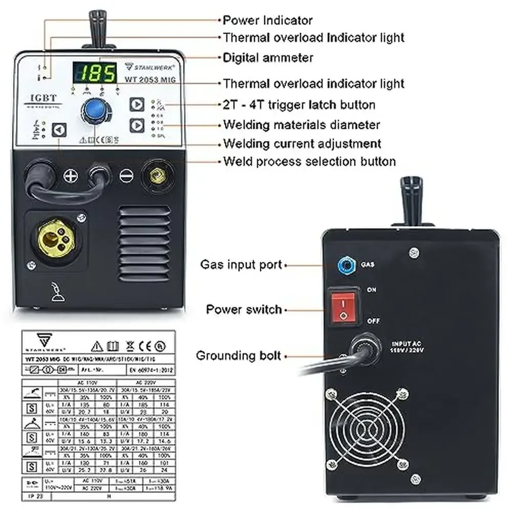 185A 3-in-1 Welding Machine Gas/Gasless Multi-Function Welder Steel Stainless Titanium Copper Flux MIG Solid Wire Stick Welding 4