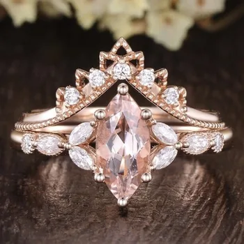 Classical Charm Rose Gold Color Oval Round Ring for Women Set Fashion Metal Inlaid Rose Gold Stones Ring Set Jewelry 1