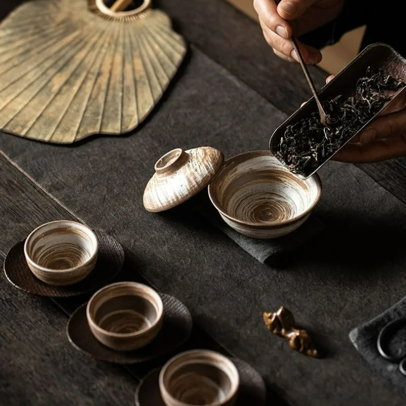 Coarse Pottery Zen Two Layer Gaiwan Japanese Pink Slip Retro Ceramic Tea Bowl Home Kung Fu Tea Set Respect Tea Ceremony Cup