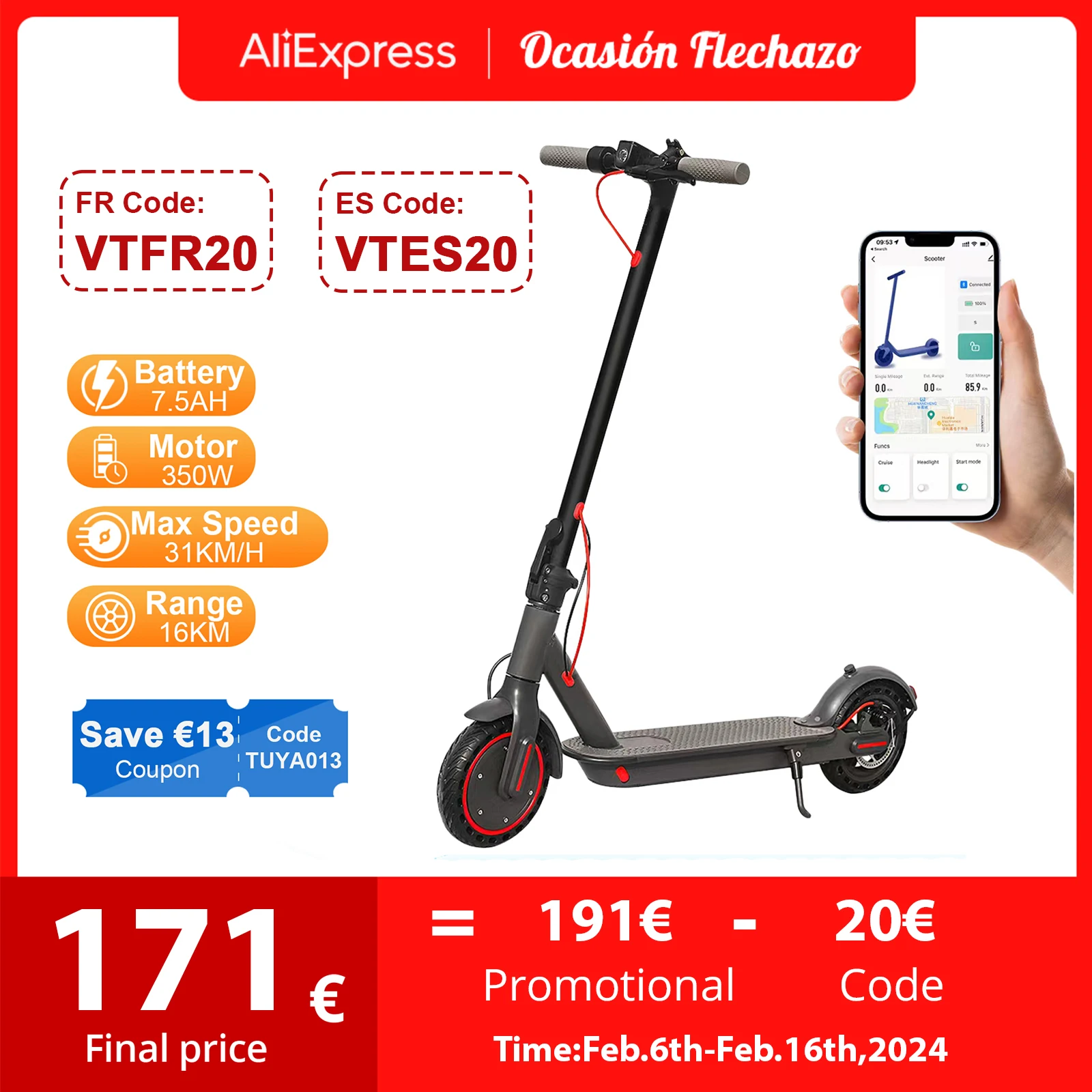 Aovopro 350W Scooter Elettrico Tuya 16Km Gamma Massima Scooter Elettrico 36 V7.5Ah Batteria 31 Km/H App Smart Pieghevole Adulti Scooter