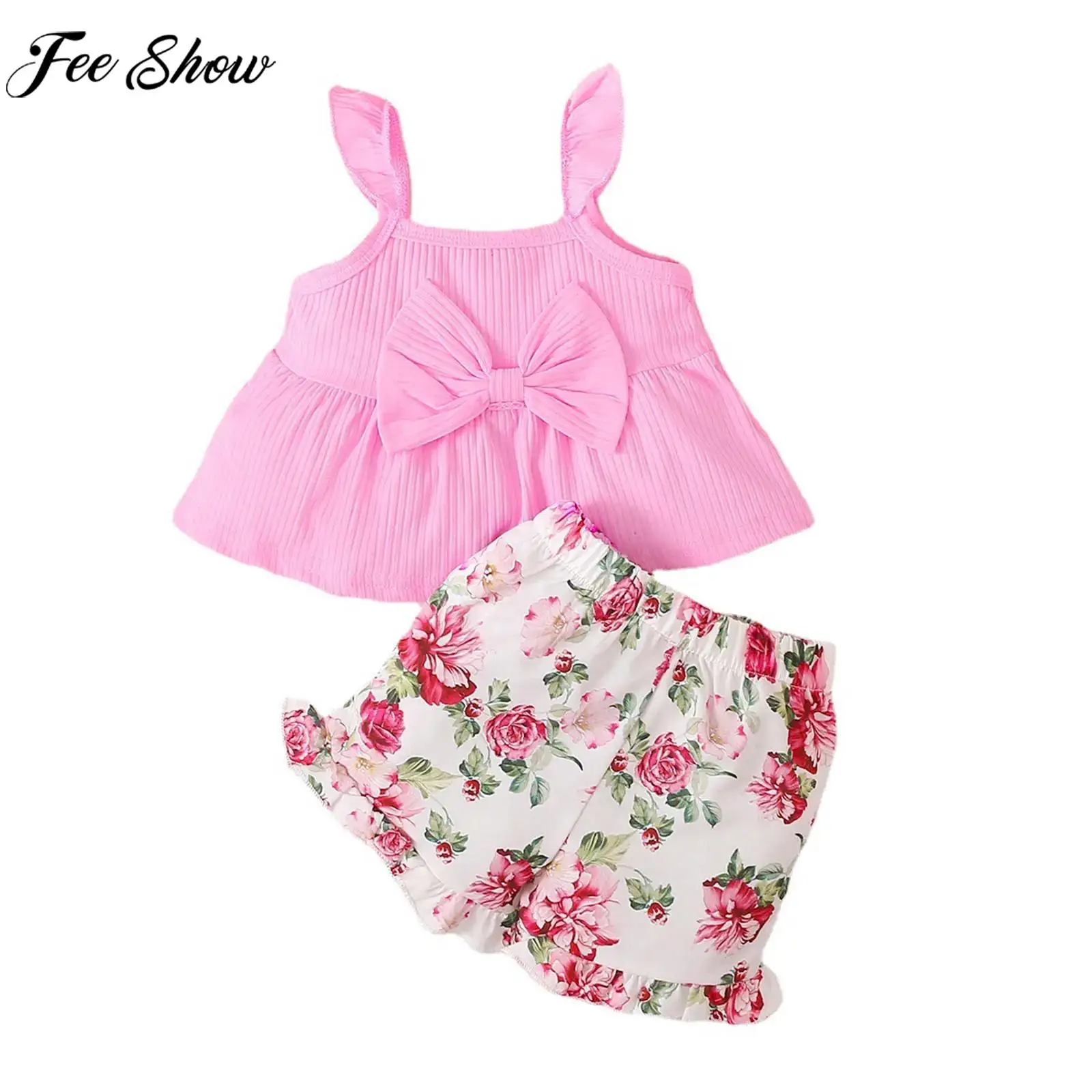 

Baby Girls Summer Casual Costume Set Sleeveless Bowknot Camisole Top with Shorts Headband Beach Vacation Picnic Daily Outfit