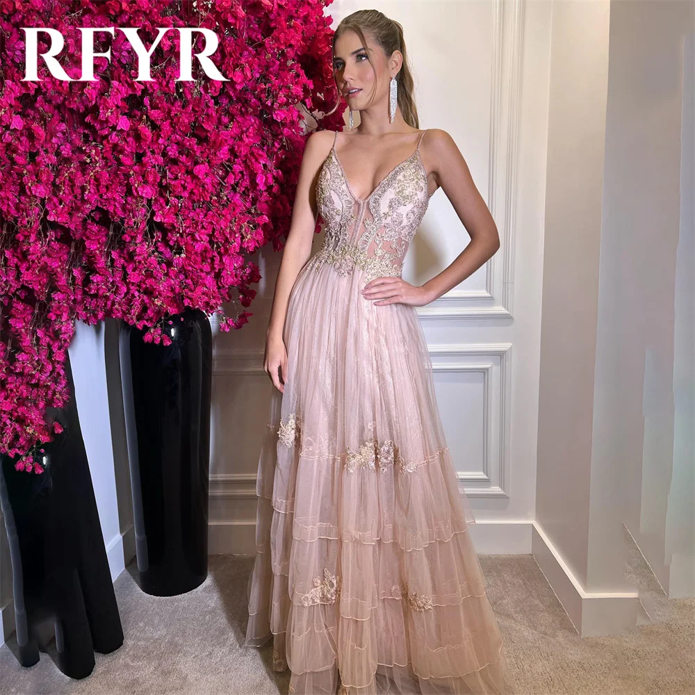 

RFYR Blush Net Charming Prom Dress Gown Spaghetti Strap V Neck Formal Gown Appliques Lace Tiered Evening Gown vestidos de noche