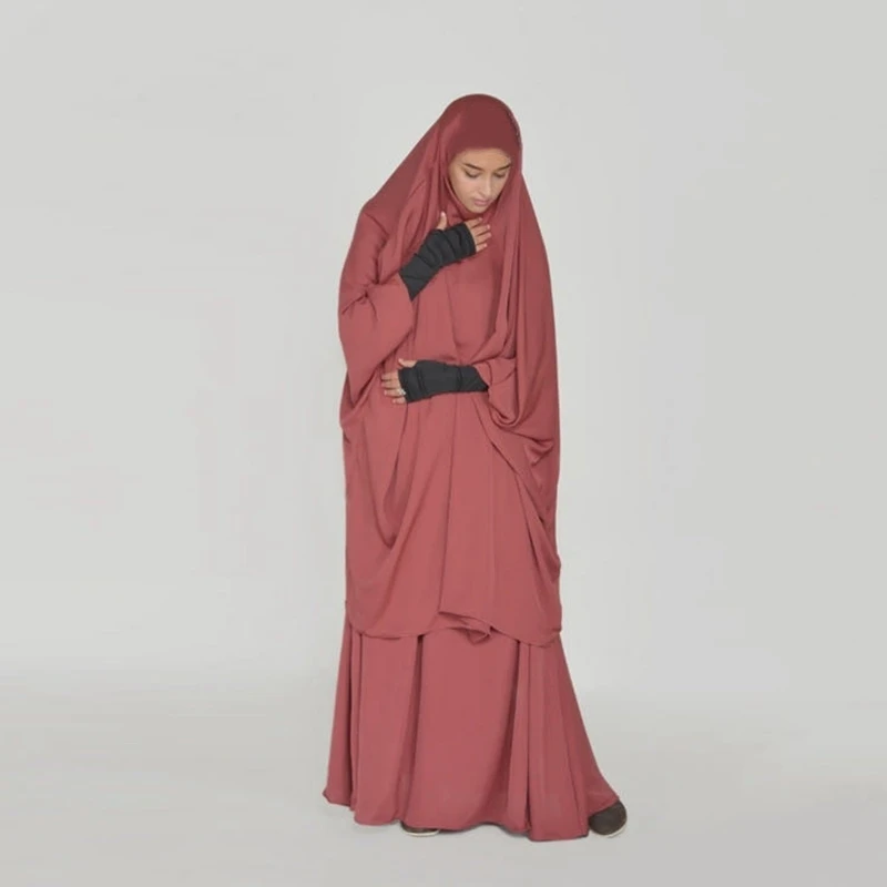 

Ramadan 2 Piece Khimar Muslim Women Prayer Set Dress Full Cover Islamic Burka Hooded Arab Abayas Umrah Eid Abaya Worship Service